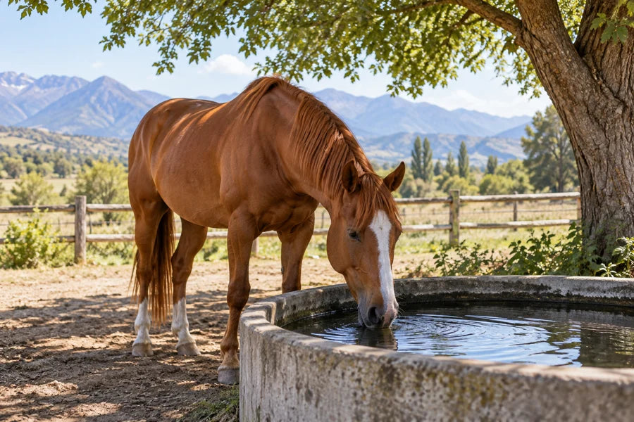 Caballo bebiendo agua a la sombra