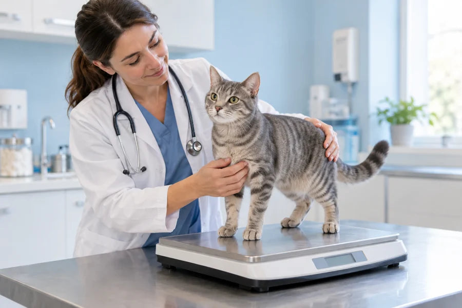 Gato en una balanza veterinaria
