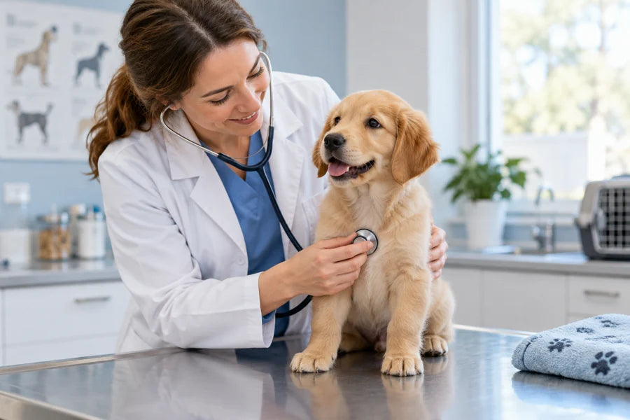 Veterinario revisando un cachorro