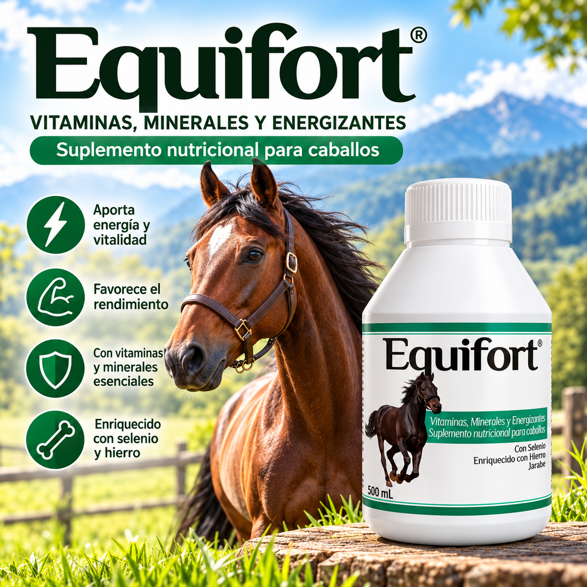 Equifort 500 mL, suplemento nutricional en jarabe para caballos (imagen adicional del producto)