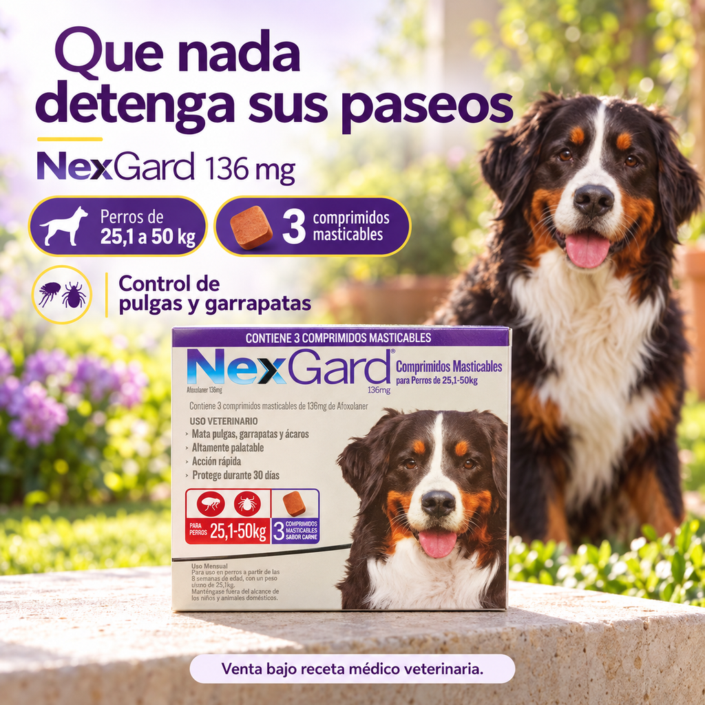 NexGard 136 mg para perros de 25,1 a 50 kg, caja de 3 comprimidos masticables (imagen adicional del producto)